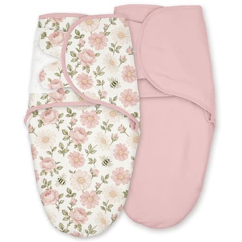 Baby Swaddles for Newborn Organic Cotton, Soft & Snug Newborn Velcro Swaddle 0-3 Months Sleep Sack Helps Calm Startle Reflex, 2-Pack Wrap Nursery Swaddling Bloom Floral
