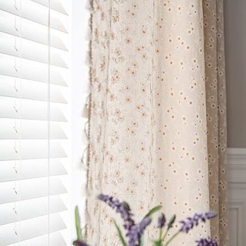 ENJOYBRIDAL Daisy Floral Curtains 84 Inch Length 4 Panels Tassel Drapes Rod Pocket Semi Sheer Boho Bedroom Window Curtain Panels Living Room Farmhouse Rustic Bohemian Window Treatment