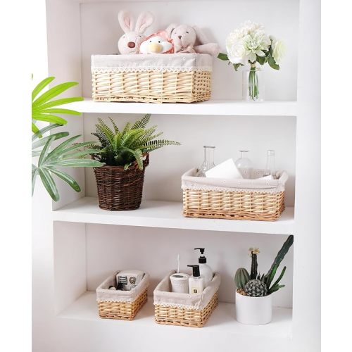 Handcrafted Shelf Basket, Handwoven Wicker Basket, for Storage & Organizing, Natural Willow Materials with Cotton Lining, Rectangular, 1 Pack, Extra Large