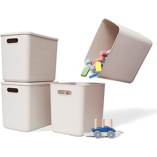 12 Quart Plastic Storage Baskets With Lid Organizing Container Lidded Knit Storage Organizer Bins for Shelves Drawers Desktop Closet Playroom Classroom Office (4L, Light grey)