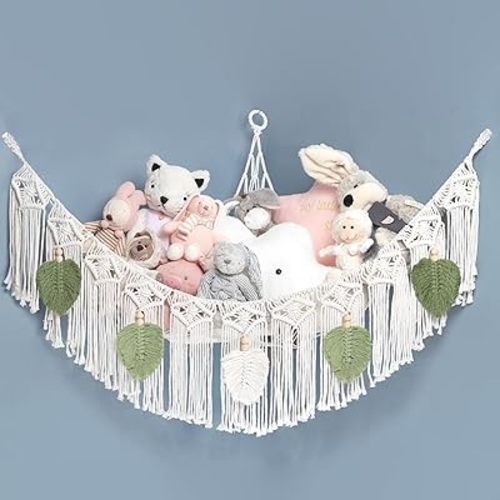 Macrame Stuffed Animal Hammock Net for Stuffed Animals Corner Large Boho Teddy Bear Hammock with Boho Tassels, Plushie Storage for Stuffy Storage Nursery Bedroom Wall Decor(Green)