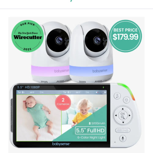 Babysense Max View: Video Baby Monitor with 2 Cameras, Split Screen, Non Wifi, Night Light & Sound Machine