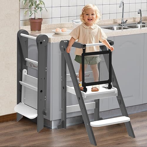 Foldable Toddler Tower, Toddler Kitchen Stool Helper with Safety Net, Wooden Kitchen Step Stool for Toddlers with Adjustable Height, Standing Tower for Learning and Cooking(Blue)