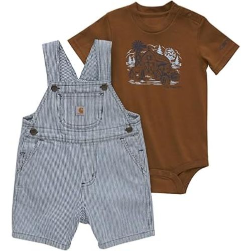Carhartt Kid's CG8919 Short-Sleeve Bodysuit and Ticking Stripe Shortall Set - B - 12 Months - Dark Indigo Ticking Stripe