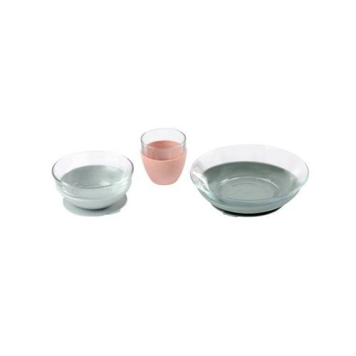 Beaba 3pc Glass Meal Dinnerware Set - Eucalyptus: Solid Pattern, Baby Feeding Set, Service for 1