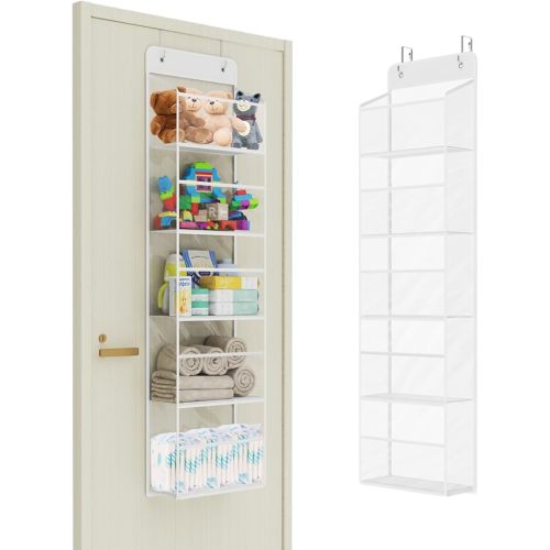 Univivi Over The Door Organizer Behind The Door Storage, Baby Door Storage with 5 Clear Plastic Pockets & 2 Big Metal Hooks for Cosmetics, Bathroom, Nursery and Sundries