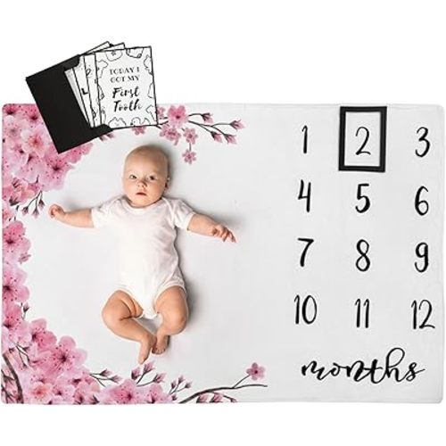 Henry Hunter Baby Milestone Blanket for Your Baby's Monthly Milestones with Frame & Memory Cards | Photography Milestone Blanket for Baby Girl | Premium Cotton Fleece | 30" x 40" (Cherry Blossoms)