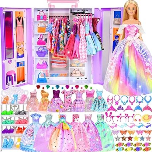 151 Pcs Doll Clothes and Accessories Playset for Girls, Princess Gowns, Wing Dress, Evening Dress, Fashion Dresses, Swimsuits, Tops, Pants, Shoes, Jewelrys in Closet for Doll Dress Up Fit 11.5" Dolls