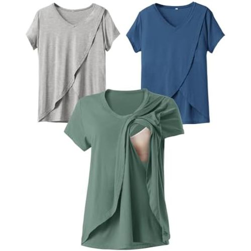 Rnxrbb V Neck Nursing Tops for Breastfeeding Tshirts Summer Postpartum Clothes Sets Short Sleeve 3 Pack Double Layer