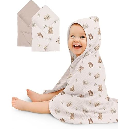 Hooded Baby Towels 2 Pack, Muslin Baby Bath Towels with Hood for Newborn Infant and Toddler, Soft Breathable & Absorbent, 32" x 32" (Teddy & Friends, Heavyweight)