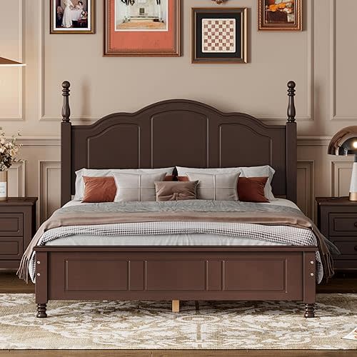 Full Size Wood Platform Bed Frame,Retro Style Platform Bed Frame for Boys Girls Kids Adults Toddler with Wooden Slat Support,Dark Walnut