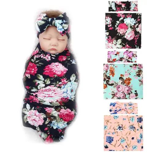 DRESHOW BQUBO Newborn Floral Receiving Blankets 3 Sets Newborn Baby Swaddling with Bow Headbands Sleepsack Toddler Warm Shower Gift