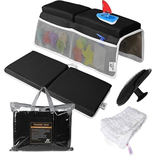 Black Baby Bath Kneeler and Elbow Rest Pad Set | 1.5'' Comfortable, Thick Padding, Bathtub Kneeling pad, Machine Washable, includes Washcloth, Non-Slip Baby Bath Support for Knees and Elbows - Black