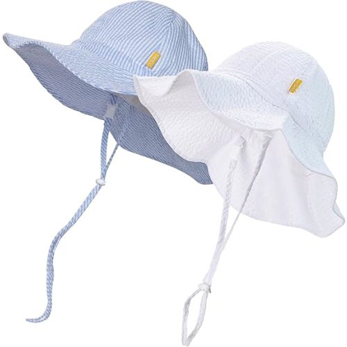 Baby & Toddler Wide Brim Sun Hats UPF 50+ Sun Protection Bucket Cap Cute Adjustable Hat in Seersucker