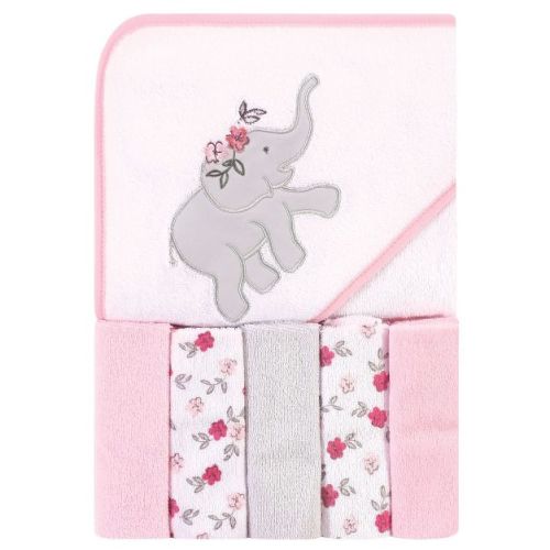 Hudson Baby Infant Girl Hooded Towel and Five Washcloths, Floral Elephant, One Size