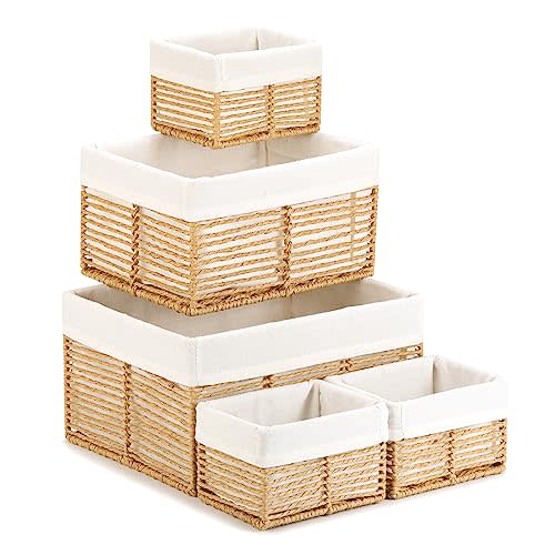 Vagusicc Wicker Storage Basket, Hand-Woven Paper Rope Wicker Baskets, Rectangular Small Wicke Baskets for Organizing, Cube Storage Bins for Closet/Clothes/Dresser, Natural, 5-Pack