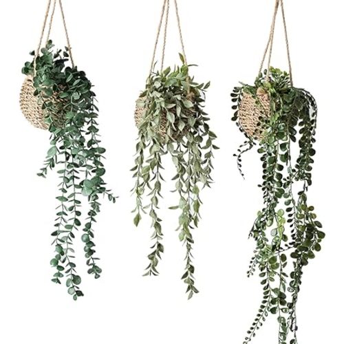 3 Pack Mini Artificial Hanging Greenary Fake Hanging Plants in Basket for Wall Living Room Decor Bathroom Shelf Home Indoor