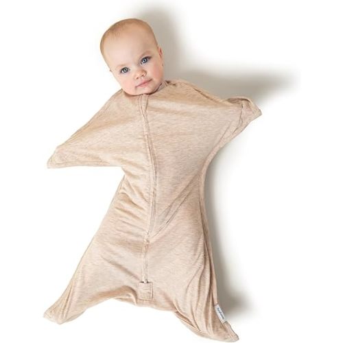SleepingBaby Zipadee-Zip Transition Swaddle - Cozy Baby Swaddling Blanket with Zipper Convenience - Roomy Wearable Blanket for Easy Diaper Changes - 3-6 Month - Balanced Beige Heather