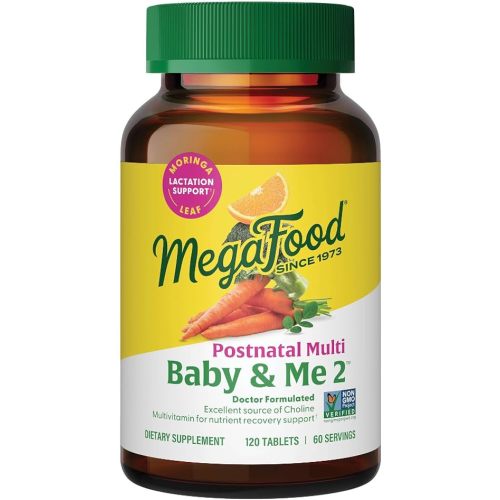 MegaFood Baby & Me 2 Postnatal Vitamins for Women Breastfeeding with Folate (Folic Acid Natural Form), Choline, Iodine, Vitamin D, Moringa Leaf and More - 120 Tabs (60 Servings)
