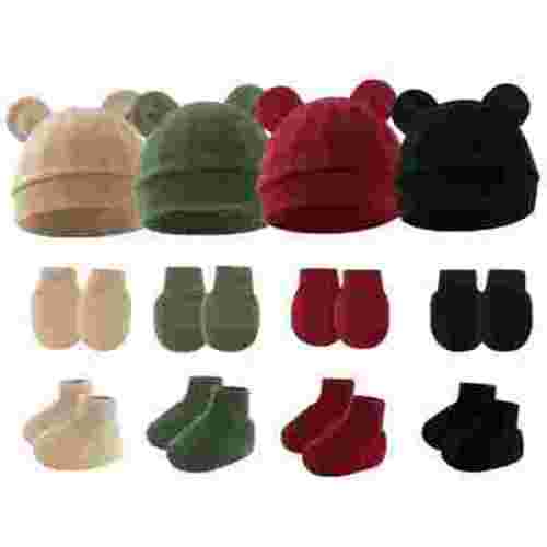 Happy Cherry Baby Boy Beanie Cap Newborn Hospital Hat Infant Bear Ears Preemie Cotton Hat Baby Girl Hat Mitten Sock Set 4 Pack for 0-6 Months(Khaki Dark Green Black Burgundy)