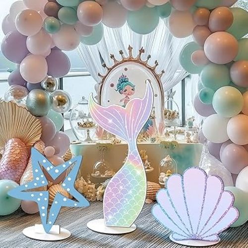 Amyhill 3 Pcs Large Under The Sea Mermaid Wooden Decoration Under The Sea Mermaid Tail Seashell Starfish Stand Decorations Ocean Cutouts for Baby Shower Birthday Party Decor Photography Props