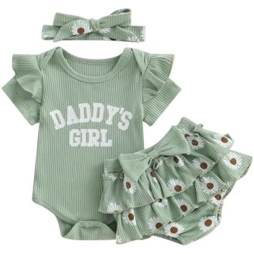 Tsnbre Newborn Baby Girl Clothes Daddys Girl Short Sleeve Romper Floral Shorts Headband Infant Summer Outfits