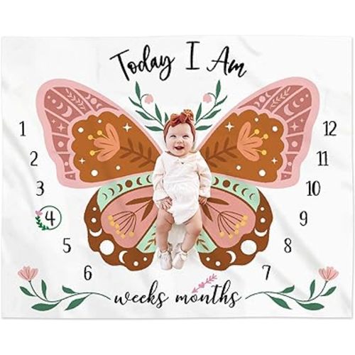 Boho Baby Blanket Butterfly Monthly Milestone Bohemian Floral Girl Photo Prop Sage Green and Pink Blanket Ideas for Personalized Baby Stuff Shower Newborn Decorations Nursery Gift Decor Mom