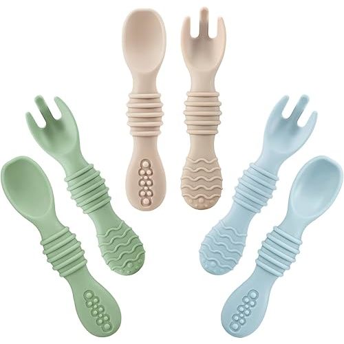 PandaEar 6 Pack Silicone Baby Spoons & Forks | Baby Feeding Set Self Feeding Utensils, Toddler Infant Feeding Spoon Forks BPA Free First Stage