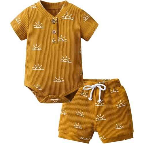 Derouetkia Summer Newborn Baby Boy Girl Clothes Solid Color Ribbed Romper and Shorts Outfits Set
