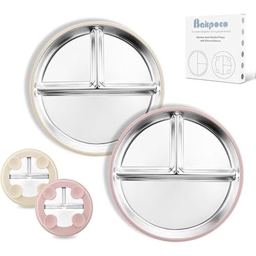 Stainless Steel Baby Plate with Suction, 8” Divided Toddler Plates with Removable Silicone Sleeves for Kids, Non-Toxic Non-Slip Unbreakable Dishwasher Safe Dinnerware Set of 2, Pink & Beige