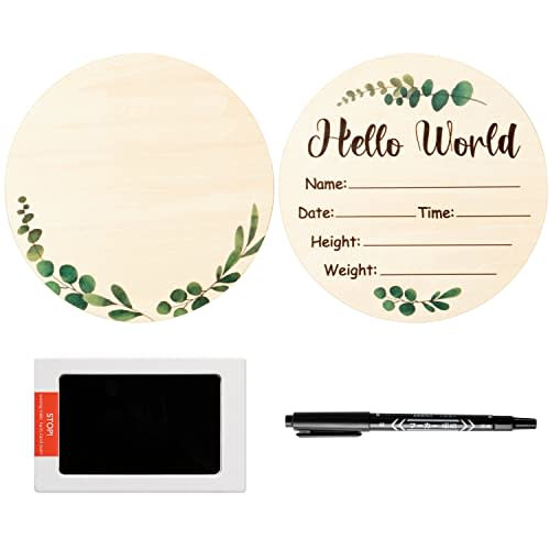 R HORSE Baby Birth Announcement Sign with Marker Pen, Greenery Eucalyptus Baby Name Sign with Ink Pad for Hand and Footprints, Wooden Hello World Newborn Announcement Nursery Decor Keepsake Gifts