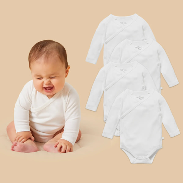 Mori Long Sleeve Kimono Bodysuit 4 Pack in White (0-3 months)