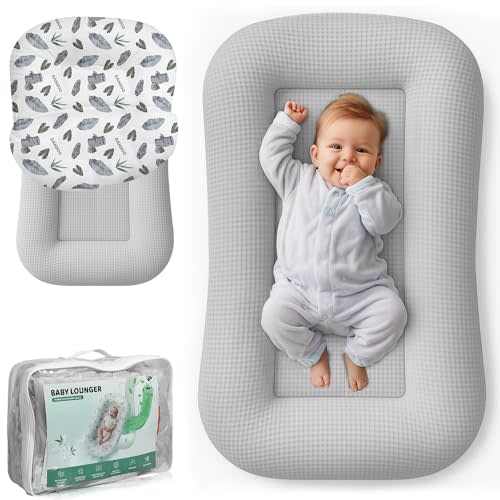 Baby Lounger for Newborn - Infant Lounger 0-24 Months with Lounger Cover, Cooling Baby Nest Lounger, Breathable Waffle Fabric & 3D Support, Portable Newborn Essentials for Baby Shower Gifts, Gray
