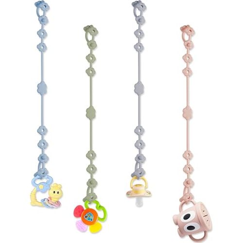 Toy Straps for Baby, 4 Pack Adjustable Silicone Toy Safety Straps for Stroller, High Chair, Car Seat, Teething Toy, Cribs, Food Grade Silicone, BPA Free, Multi Colors (Blue+Green+Gray+Pink)