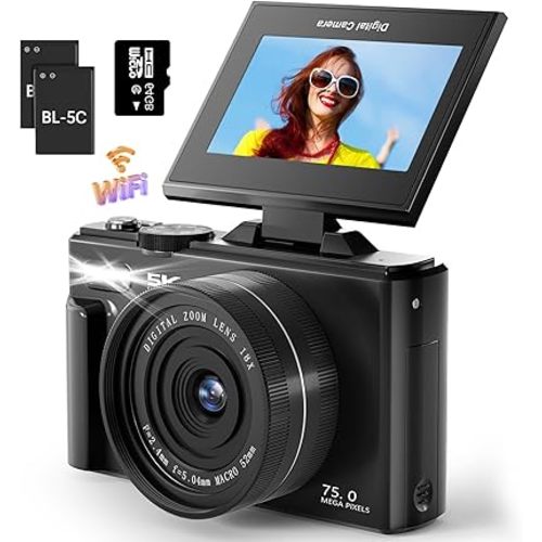 5K 75MP Digital Camera for Photography with WiFi - Autofocus Vlogging Camera for YouTube with 64GB SD Card, 18X Zoom 3" 180° Flip Screen Compact Travel Camera with 2 Batteries for Teens and Beginner