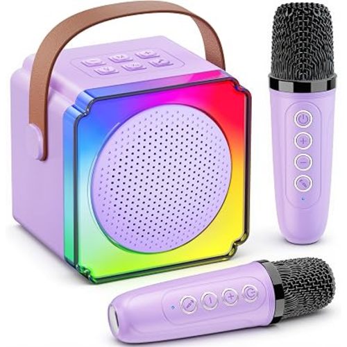 Mini Karaoke Machine for Kids Adults, Colorful LED Lights Portable Bluetooth Speaker with 2 Wireless Mics, Home Birthday Party Gift for Ages 4, 5, 6, 7, 8, 9, 10, 11, 12+ Years Old Boys Girls, Purple