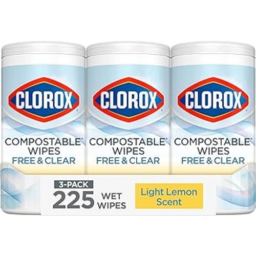 Clorox Free & Clear Compostable Cleaning Wipes, Light Lemon Scent, 75 Count, Pack of 3 (Pack May Vary)
