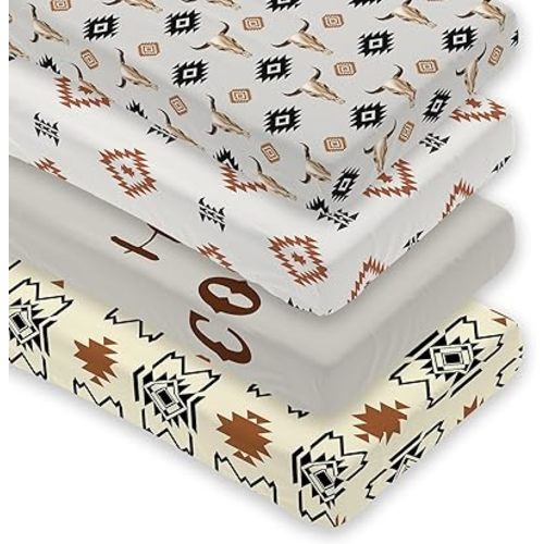 4 Pack Western Cowboy Crib Sheet Set for Baby Boy, Soft Breathable Fitted Crib Sheet 28 x 52 in, Aztec Nursery Decor for Standard Crib and Toddler Bed Mattresses