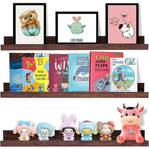 AZSKY Walnut Floating Shelves 24 Inch Picture Ledge Shelf for Wall Photo Shelves with Lip for Pictures Nursery Room Bookshelf Wood Wall Shelves Set of 3 for Bedroom Living Room Bathroom Kitchen