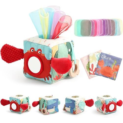 Baby Tissue Box Toy, Montessori Baby Toys for 6-12 Months with Wooden Teething Ring, Crinkle Paper, Silk Scarves, Baby Safety Mirror, Perfect Early Learning Baby Gift