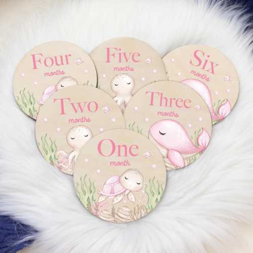 Girl Turtle Milestone Cards, Baby Milestone Ocean Life Discs Marker, Wood Milestone Cards, Baby Milestones, Under The Sea Nursery Theme O52