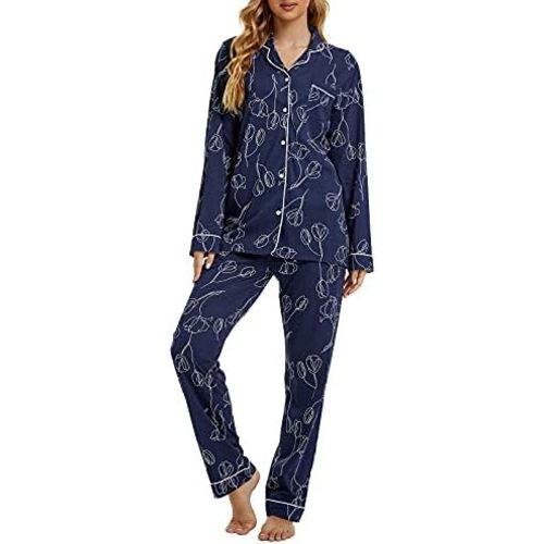 Tugege Pajamas Set Long Sleeve Sleepwear Womens Button Down Nightwear Pj Sets
