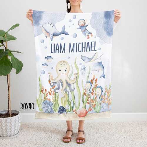 Under the Sea Boy Blanket, Personalized Ocean Theme Baby Name Blanket, Ocean Scenery Blanket, Octopus Whale Scuba Diver, Custom Name Blanket