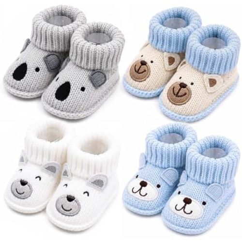 4 pairs Baby Booties Newborn Infant First Walking Crib Shoes Soft Hand Crochet Knit Sock Shoes for Baby Boys Girls 0-6 Months