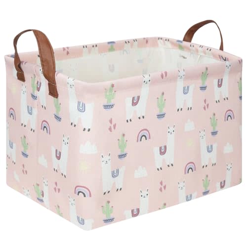 FXOLCSHE Rectangular Pink Alpaca Basket,Collapsible waterproof nursery laundry basket,Toy nursery, kids clothes gift basket with handles,Kids Room Decor(Alpaca)