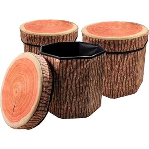 CHEFAN Fruit Storage Stool Ottoman,Tree Stump Stool,Cute Folding Storage Toy Box,Collapsible Seat Chest,Wood Stump Organizer Stool for Toy,Cloth and Kids（3pcs