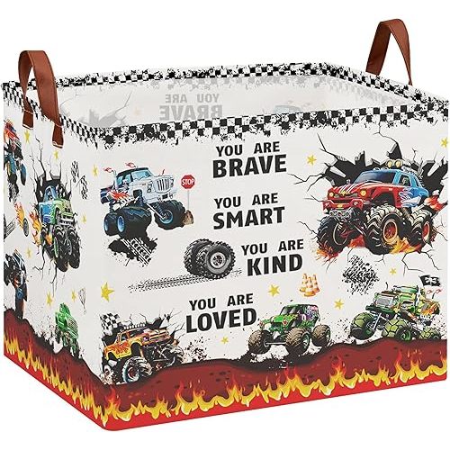 Monster Truck Storage Laundry Basket, Kid Room Decor for Boys ,Rectangular Gift Bag Toy Box Shelf Basket ,Collapsible Clothes Book Organizer Bin