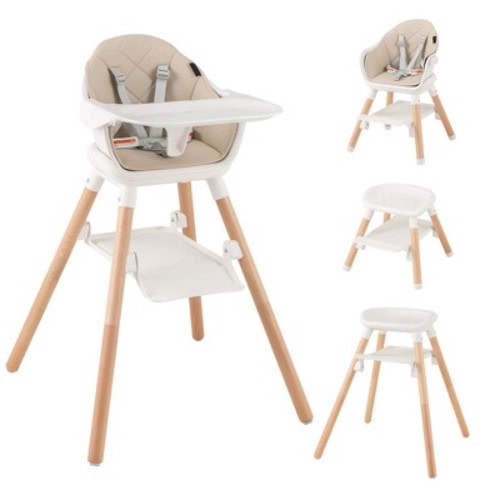 Costway 6-in-1 Convertible Wooden Baby Highchair Infant Feeding Chair with Removable Tray Black/Grey/Pink/White/Beige, Color: Beige