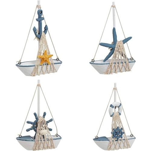 Juvale Set of 4 Mini Wooden Sailboat Models for Beach Nautical Home Decor, Miniature Boat Decorations, & Coastal Decor