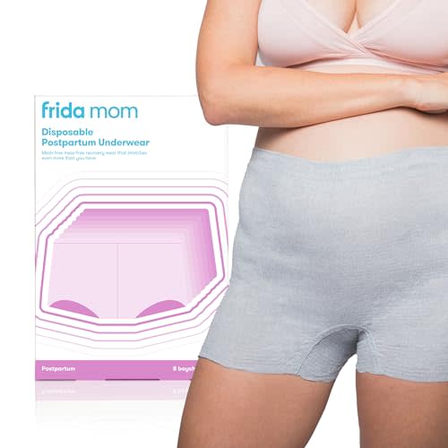 Frida Mom Women's Postpartum Underwear, Disposable Boyshort Underwear, Seamless with Stretchy Support, Postpartum Essentials, Size Regular (Waist 28"-42" Stretched), 8 Count, Grey